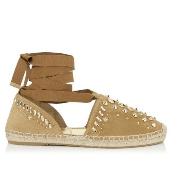 Jimmy Choo Brown Suede Gold Studded Lace Up Flats Espadrille - Picture 1 of 9